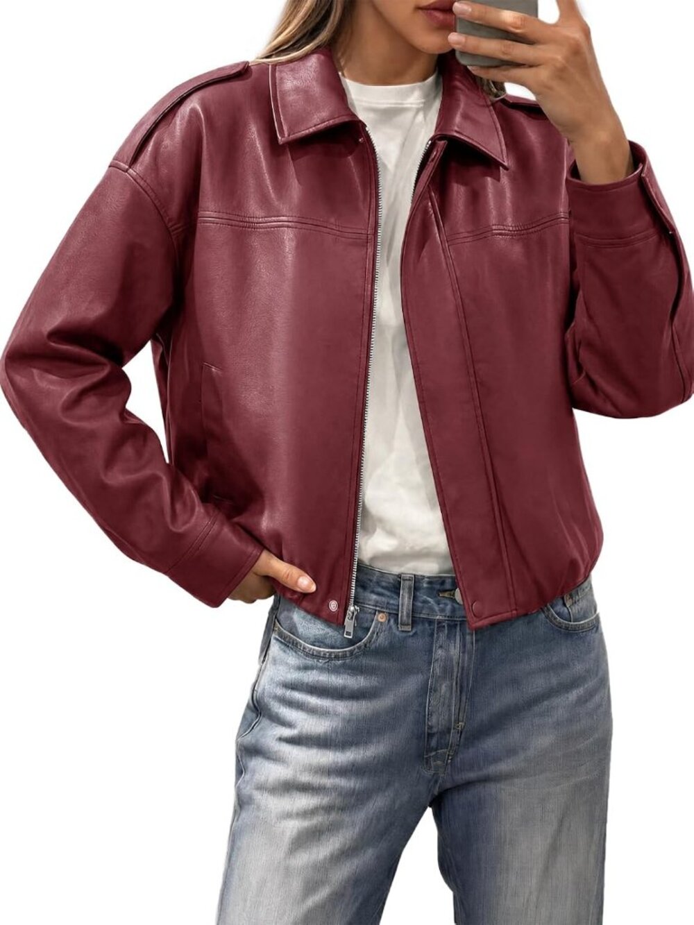 Womens Wine Leather Oversized Lapel Collar Cuff Sleeve Zip Up Bomber Jacket